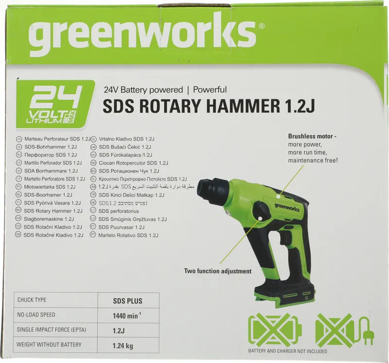 Перфоратор Greenworks GD24SDS1 патрон:SDS-plus уд.:1.2Дж аккум. (кейс в комплекте)