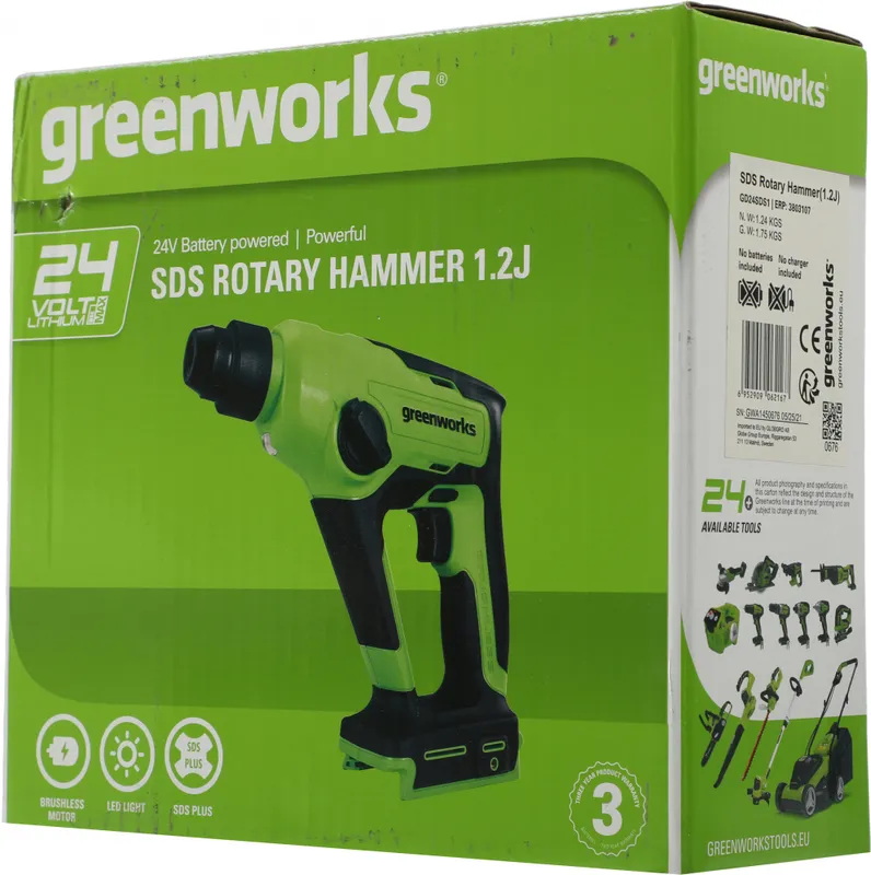 Перфоратор Greenworks GD24SDS1 патрон:SDS-plus уд.:1.2Дж аккум. (кейс в комплекте)