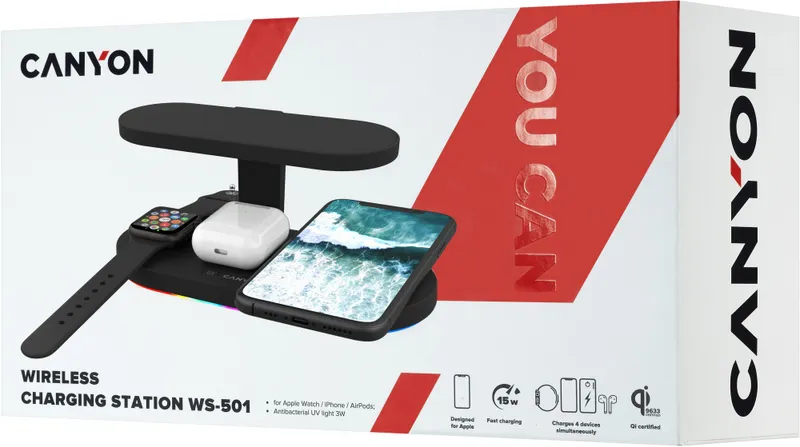 Беспроводное зар./устр. Canyon WS-501 15W 2A (PD+QC) USB для Apple черный (CNS-WCS501B)