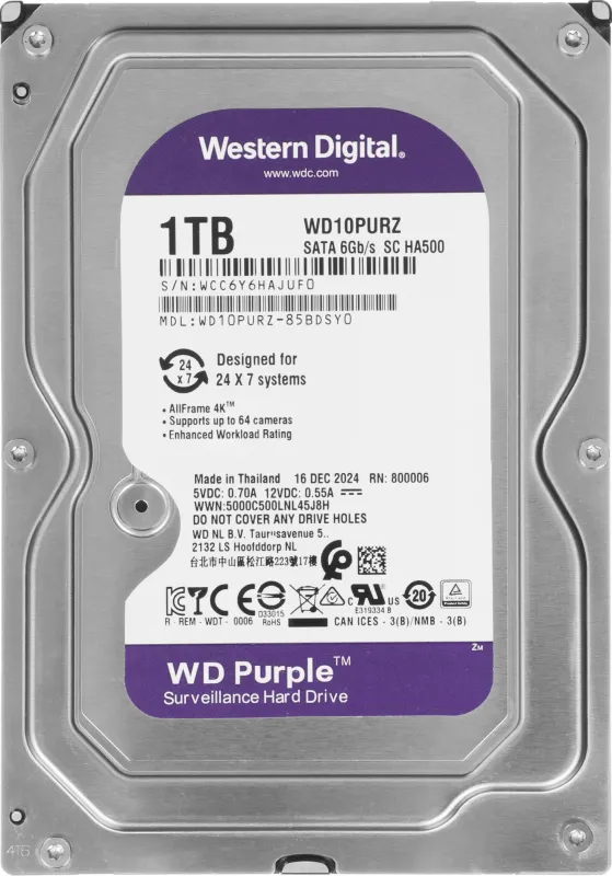Жесткий диск WD SATA-III 1Tb WD10PURZ Surveillance Purple (5400rpm) 64Mb 3.5"