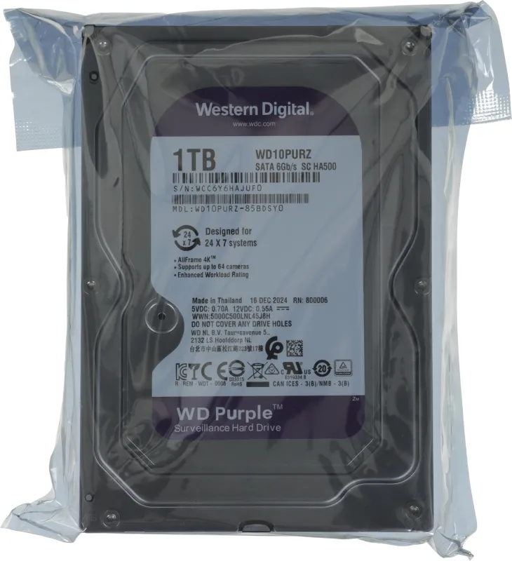 Жесткий диск WD SATA-III 1Tb WD10PURZ Surveillance Purple (5400rpm) 64Mb 3.5"