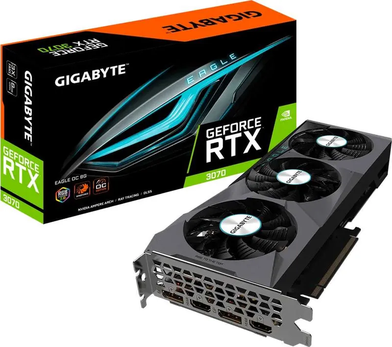 Видеокарта Gigabyte PCI-E 4.0 GV-N3070EAGLE OC-8GD 2.0 LHR NVIDIA GeForce RTX 3070 8Gb 256bit GDDR6 1770/14000 HDMIx2 DPx2 HDCP Ret