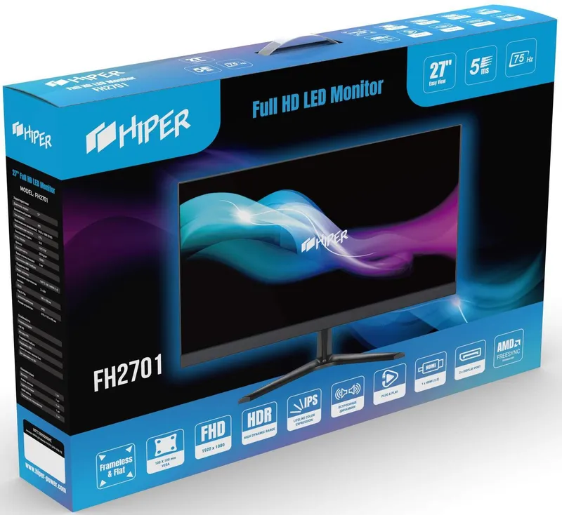 Монитор Hiper 27" EasyView FH2701 черный IPS LED 5ms 16:9 HDMI M/M матовая 250cd 178гр/178гр 1920x1080 75Hz FreeSync DP FHD 3.6кг