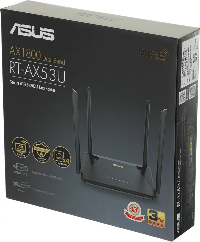 Роутер ASUS RT-AX53U// 802.11b/g/n/ac/ax, 574 + 1201 Mbps, 2,4 + 5 gGz, 4 antenna, USB ; 90IG06P0-MO3500