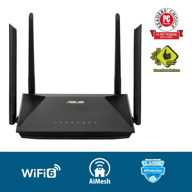 Роутер ASUS RT-AX53U// 802.11b/g/n/ac/ax, 574 + 1201 Mbps, 2,4 + 5 gGz, 4 antenna, USB ; 90IG06P0-MO3500