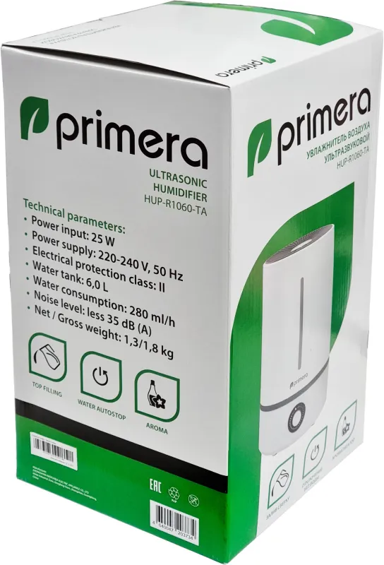 Увлажнитель воздуха Primera HUP-R1060-TA 25Вт (ультразвуковой) белый