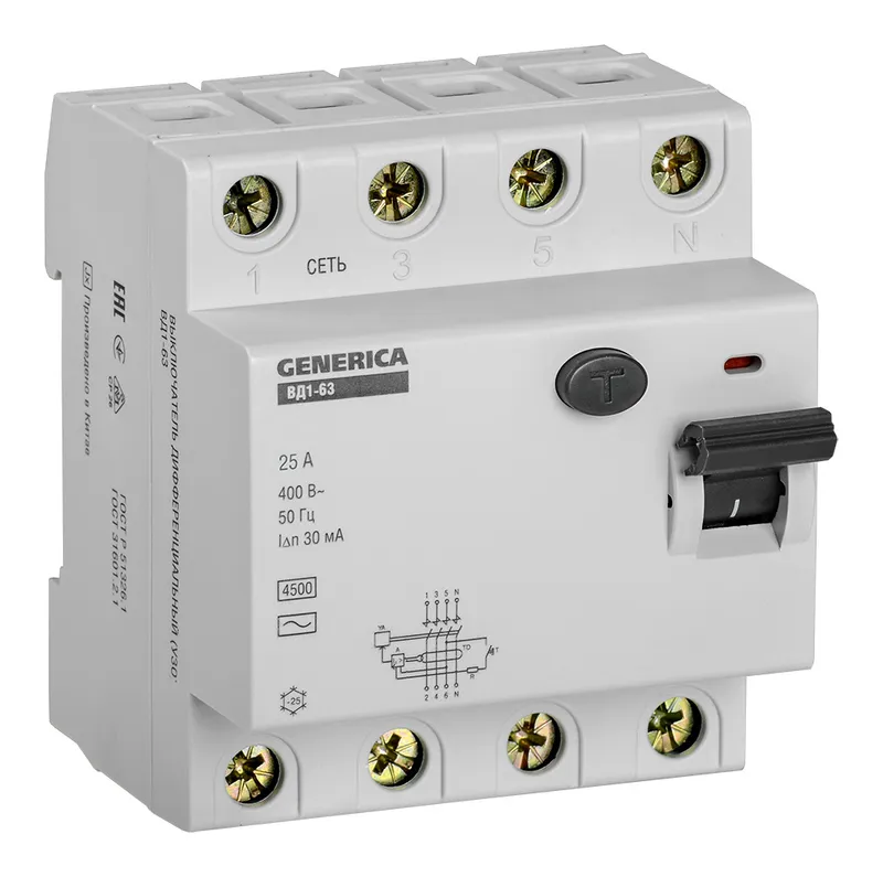 Выключатель дифф.тока УЗО IEK MDV15-4-025-030 ВД1-63 Generica 25A 4.5kA 30мА AC 4П 400В 4мод серый (упак.:1шт)