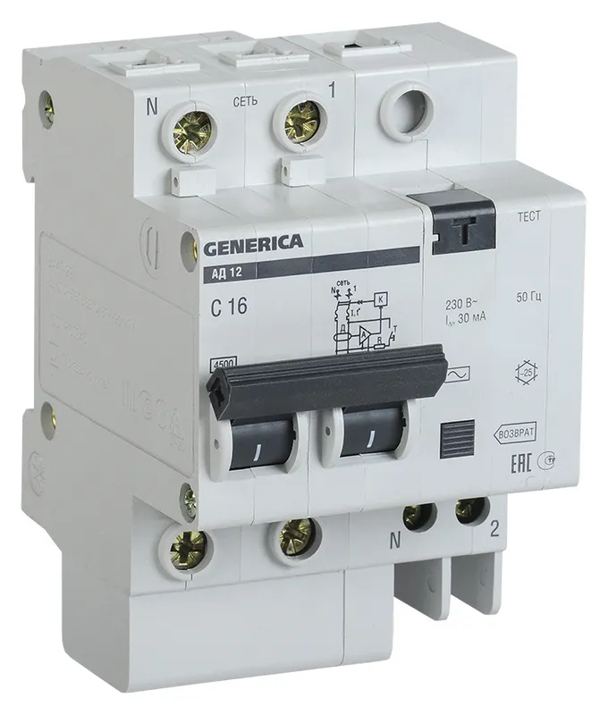 Выключатель автом. дифф. тока IEK АД12 Generica MAD15-2-063-C-030 63A тип C 4.5kA 30мА AC 2П 230В 4мод серый (упак.:1шт)