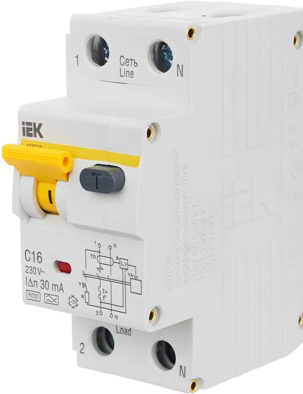 Выключатель автом. дифф. тока IEK MAD22-5-016-C-30 АВДТ 32 16A тип C 6kA 30мА A 1П+Н 230В 2мод белый (упак.:1шт)