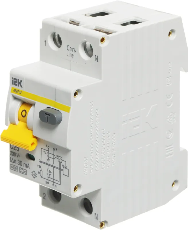 Выключатель автом. дифф. тока IEK MAD22-5-025-C-30 АВДТ 32 25A тип C 6kA 30мА A 1П+Н 230В 2мод белый (упак.:1шт)