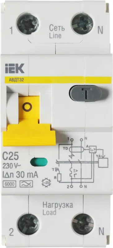 Выключатель автом. дифф. тока IEK MAD22-5-025-C-30 АВДТ 32 25A тип C 6kA 30мА A 1П+Н 230В 2мод белый (упак.:1шт)
