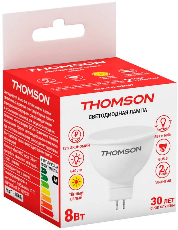 Лампа светодиодная Thomson TH-B2047 8Вт цок.:GU5.3 рефлек. 220B св.свеч.бел.теп. MR16 (упак.:1шт)