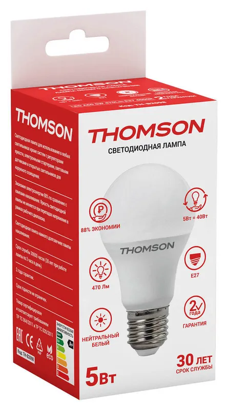 Лампа светодиодная Thomson TH-B2098 5Вт цок.:E27 груша 220B 4000K св.свеч.бел.нейт. A (упак.:1шт)