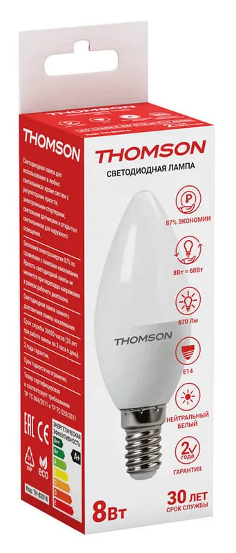 Лампа светодиодная Thomson Candle TH-B2016 8Вт цок.:E14 свеча 220B 4000K св.свеч.бел.нейт. C (упак.:1шт)