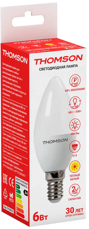 Лампа светодиодная Thomson Candle TH-B2013 6Вт цок.:E14 свеча 220B 3000K св.свеч.бел.теп. Candle (упак.:1шт)