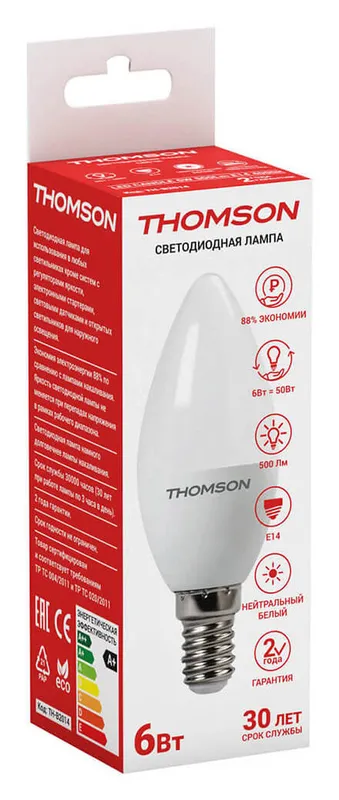 Лампа светодиодная Thomson Candle TH-B2014 6Вт цок.:E14 свеча 220B 4000K св.свеч.бел.нейт. C (упак.:1шт)