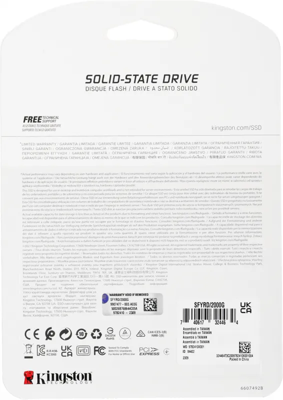 Твердотельный накопитель Kingston SSD 2TB SFYRD/2000G Fury Renegade M.2 2280 PCIe 4.0 x4 NVMe R7300/W7000MB/s 3D TLC MTBF 2M 2,0PBW Retail 1 year