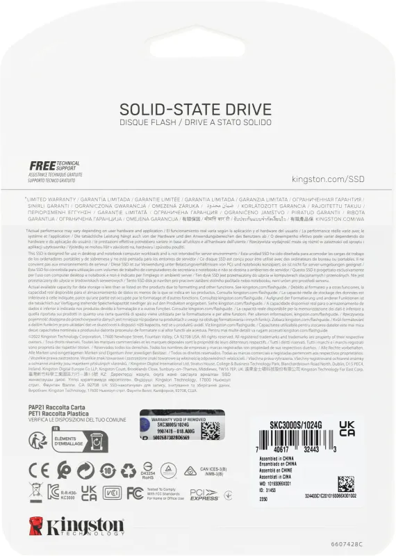 Твердотельный накопитель Kingston SSD 1TB KC3000 M.2 2280 PCIe 4.0 x4 NVMe R7000/W6000MB/s 3D TLC MTBF 2M 800TBW Retail 1 year