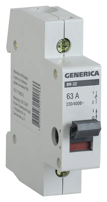 Выключатель IEK MNV15-1-063 Generica 63A 1П 230В 1мод белый (упак.:1шт)