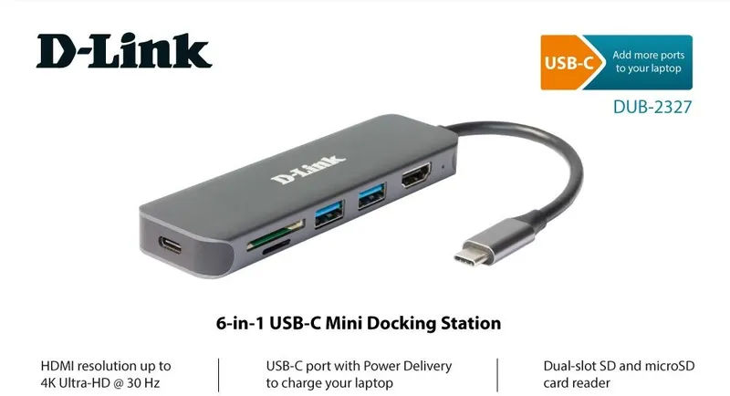 Концентратор usb D-Link USB-C Docking Station, 2xUSB 3.0 + USB-C/PD3.0 + HDMI, SD/microSD Card Reader