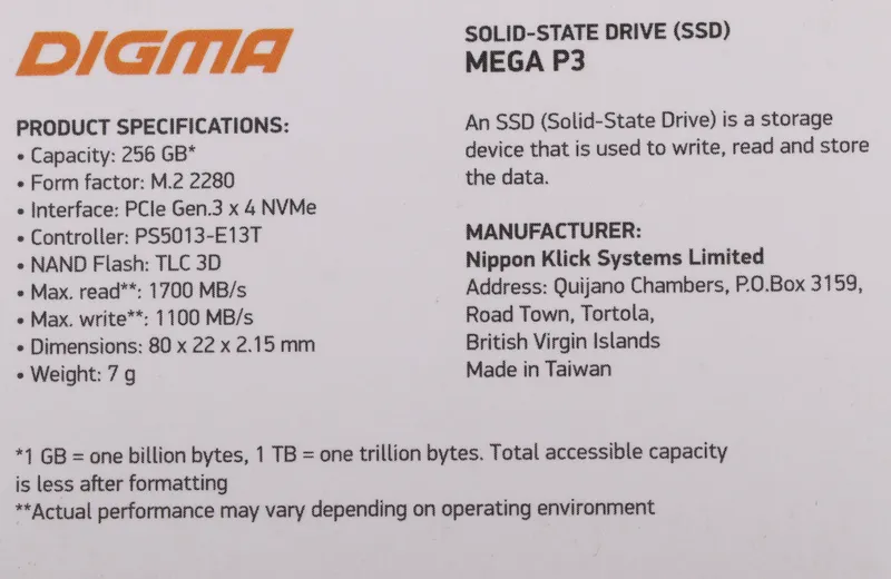 Накопитель SSD Digma PCIe 3.0 x4 256GB DGSM3256GP33T Mega P3 M.2 2280