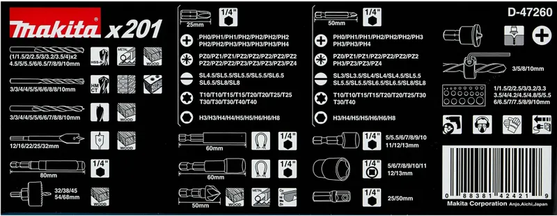 Набор оснастки Makita D-47260 по дер/мет/кирп (201пред.) для шуруповертов/дрелей