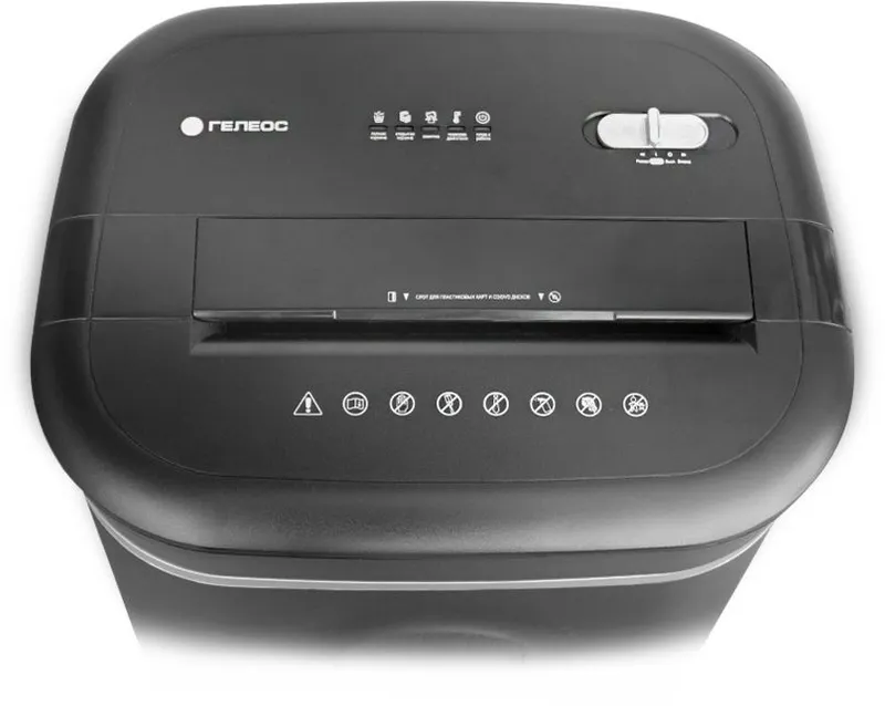 Шредер Heleos УМ28-4 черный/серебристый (секр.P-4) фрагменты 17лист. 28лтр. скрепки скобы пл.карты CD