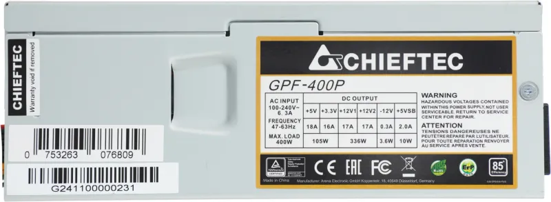 Chieftec Smart GPF-400P (ATX 2.3, 400W, TFX, >85 efficiency, Active PFC, 80mm fan) OEM