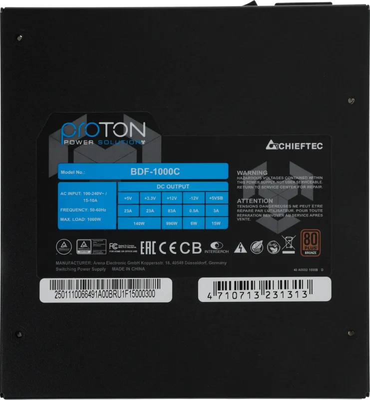 Chieftec PSU BDF-1000С 1000W Proton ATX2.3, EPS12V 230V 14cm Fan 80+Bronze Active PFC, 20+4, 2*8(4+4)p, 6*8(6+2)p, 9xSATA, 3xMolex, FDD