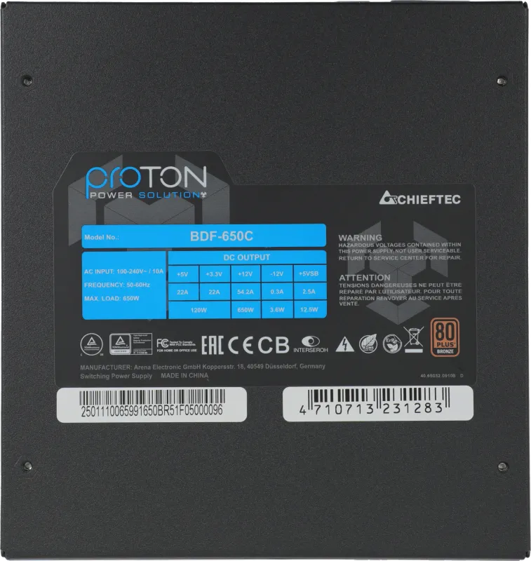 Chieftec PSU BDF-650С 650W Proton ATX2.3, EPS12V 230V 14cm Fan 80+Bronze Active PFC, 20+4, 8(4+4)p, 4*8(6+2)p, 6xSATA, 3xMolex, FDD