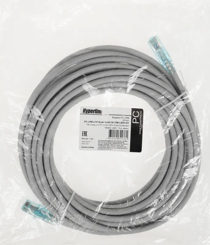 Патч-корд Hyperline PC-LPM-UTP-RJ45-RJ45-C6-10M-LSZH-GY UTP RJ-45 вил.-вилка RJ-45 кат.6 10м серый LSZH