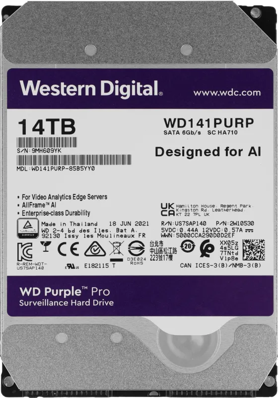 Жесткий диск Western Digital HDD SATA-III 14Tb Purple Pro WD141PURP, 7200 rpm, 512MB buffer (DV&NVR + AI), 1 year