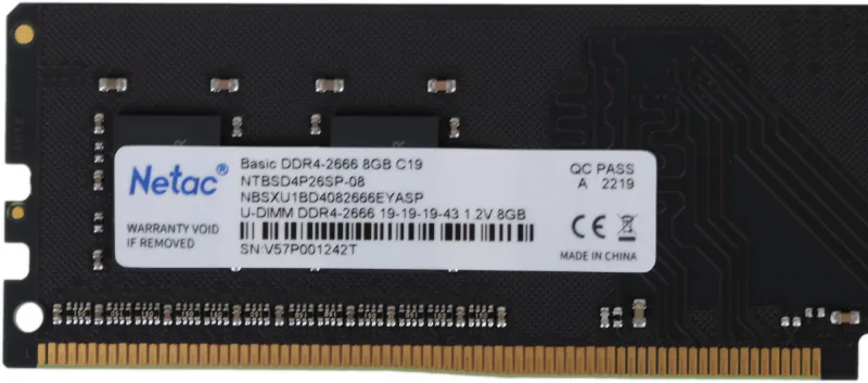 Оперативная память Netac Basic DIMM 8GB DDR4-2666 (PC4-21300) C19 19-19-19-43 1.2V Memory module