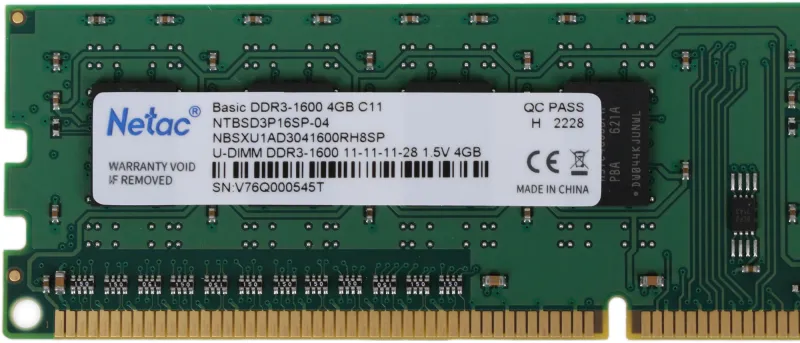 Оперативная память Netac Basic DIMM 4GB DDR3-1600 (PC3-12800) C11 11-11-11-28 1.5V Memory module