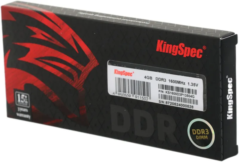 Память DDR3L 4GB 1600MHz Kingspec KS1600D3P13504G RTL PC3-12800 CL11 DIMM 240-pin 1.35В single rank Ret