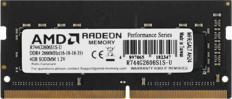 Память DDR4 4Gb 2666MHz AMD R744G2606S1S-U Radeon R7 Performance Series RTL PC4-21300 CL16 SO-DIMM 260-pin 1.2В Ret