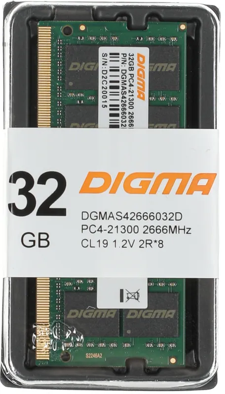 Память DDR4 32Gb 2666MHz Digma DGMAS42666032D RTL PC4-21300 CL19 SO-DIMM 260-pin 1.2В dual rank Ret