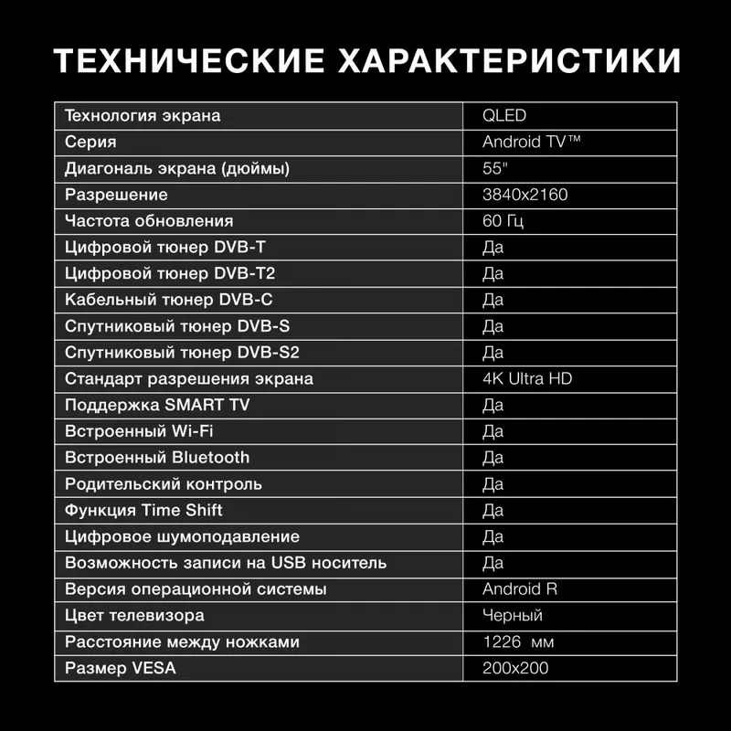 Телевизор QLED Hyundai 55" H-LED55QBU7500 Android TV Frameless черный 4K Ultra HD 60Hz DVB-T DVB-T2 DVB-C DVB-S DVB-S2 USB WiFi Smart TV