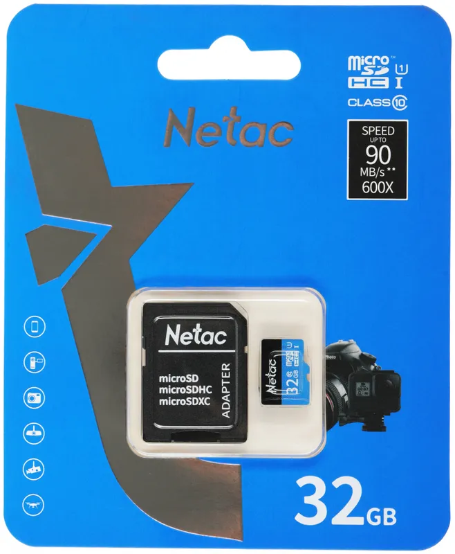 Носитель информации Netac P500 Standard 32GB MicroSDHC U1/C10 up to 90MB/s, retail pack with SD Adapter