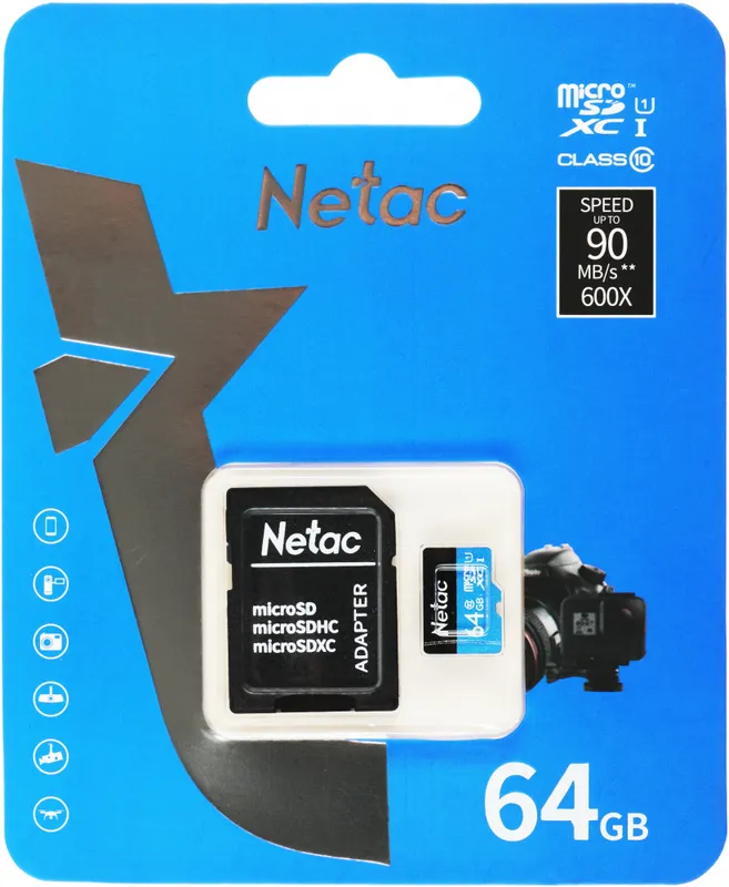 Носитель информации Netac P500 Standard 64GB MicroSDXC U1/C10 up to 90MB/s, retail pack with SD Adapter