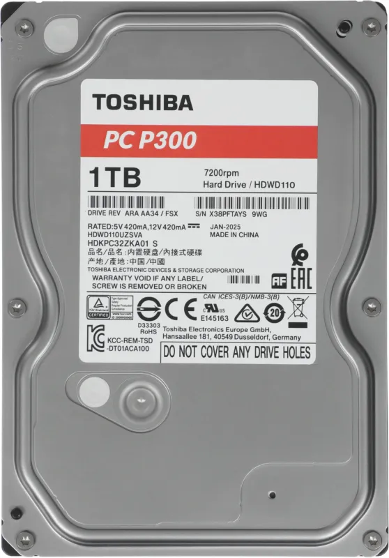 Жесткий диск Toshiba SATA-III 1TB HDWD110UZSVA Desktop P300 4KN (7200rpm) 64Mb 3.5"