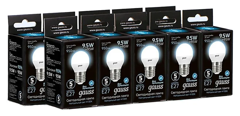 Лампа светодиодная Gauss 9.5Вт цок.:E27 шар 220B 4100K св.свеч.бел.нейт. P45 (упак.:1шт) (105102210)