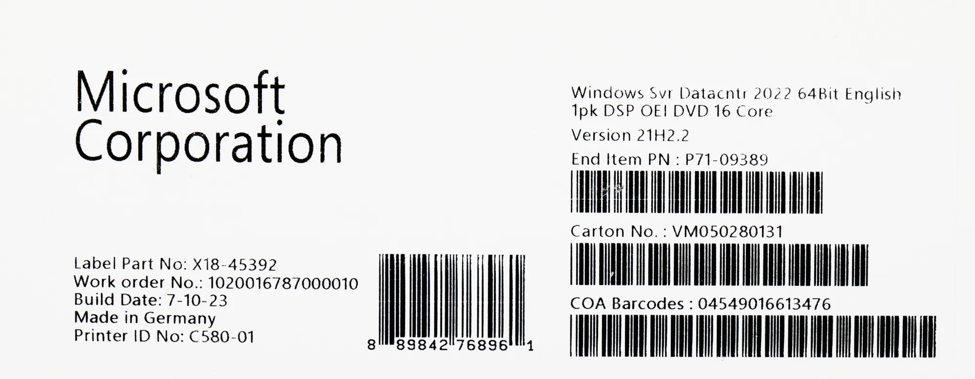 ПО Microsoft Windows Server Datacenter 2022 64Bit Eng 1pk DSP OEI DVD 16 Core (P71-09389)