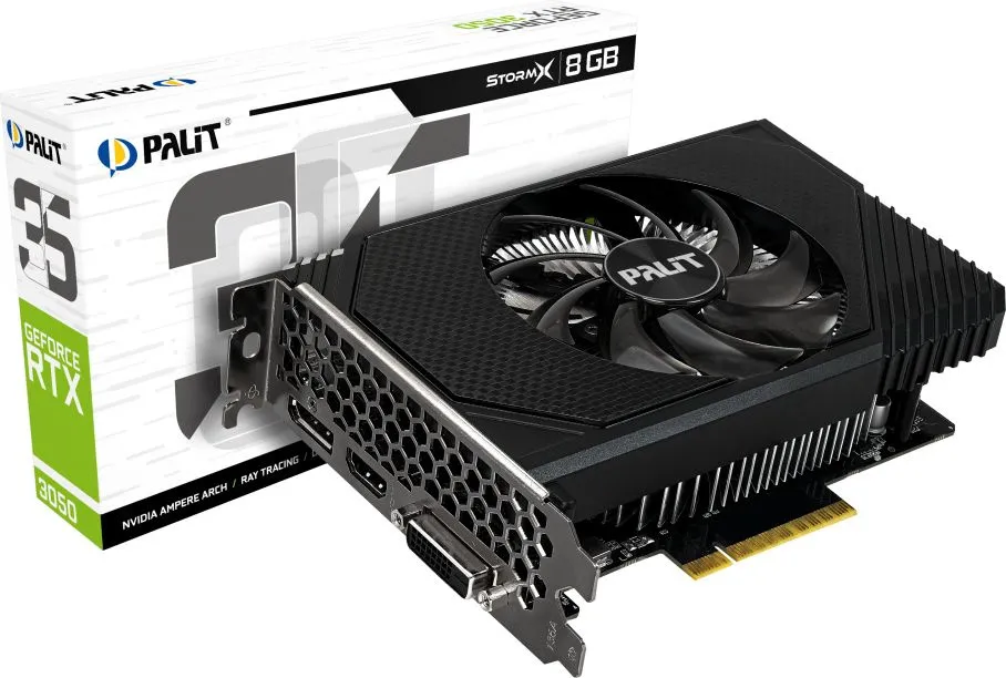 Видеокарта Palit PCI-E 4.0 PA-RTX3050 STORMX NVIDIA GeForce RTX 3050 8Gb 128bit GDDR6 1552/14000 DVIx1 HDMIx1 DPx1 HDCP Ret