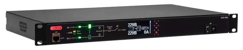 ELEMY ATS, 1U, 220B, 16A, Индикация: OLED-дисплей, Мониторинг: WEB, SNMP, Modbus-TCP, Вход (2) C20, Выход (1) C19 (9) C13 (аналог: AP4423, AP4423A)