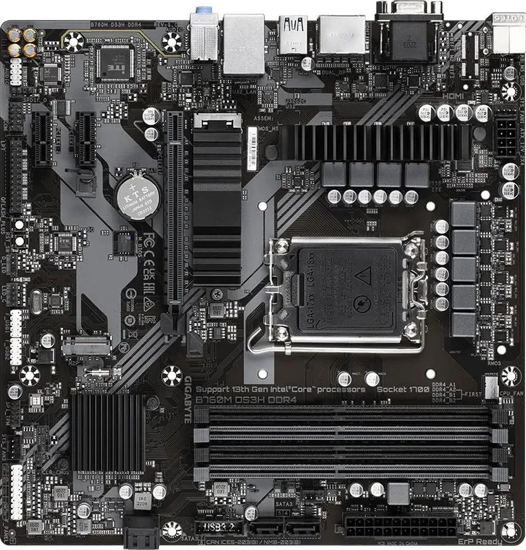 Материнская плата GIGABYTE B760M DS3H DDR4, LGA1700, B760, 4*DDR4, D-sub+DP+HDMI,  4 SATA 6 Гб/с, M2, Audio, Gb LAN, USB 3.2, USB 2.0, Type-C, COM*1 port, mATX