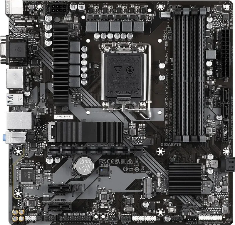Материнская плата GIGABYTE B760M DS3H DDR4, LGA1700, B760, 4*DDR4, D-sub+DP+HDMI,  4 SATA 6 Гб/с, M2, Audio, Gb LAN, USB 3.2, USB 2.0, Type-C, COM*1 port, mATX