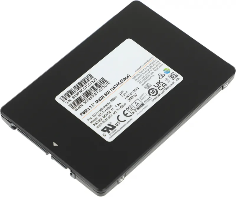 Твердотельный накопитель Samsung Enterprise SSD, 2.5"(SFF), PM883, 480GB, SATA 3.3 6Gbps, R550/W520Mb/s, IOPS(R4K) 98K/28K, TLC, MTBF 2M, 1.3DWPD/3Y, TBW 1138TB, OEM, (replace MZ-7LH480NE)