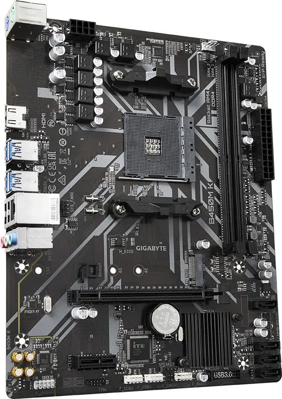 GIGABYTE B450M K, AM4, B450, 2*DDR4, HDMI,  4 SATA 6 Гб/с, M2, Audio, Gb LAN, USB 3.2, USB 2.0, mATX
