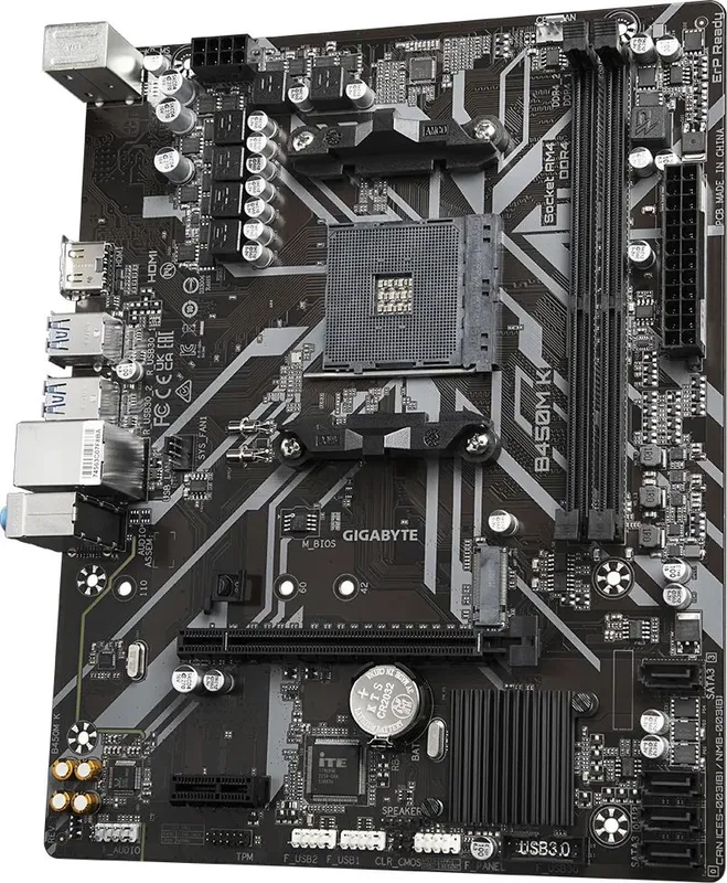 GIGABYTE B450M K, AM4, B450, 2*DDR4, HDMI,  4 SATA 6 Гб/с, M2, Audio, Gb LAN, USB 3.2, USB 2.0, mATX